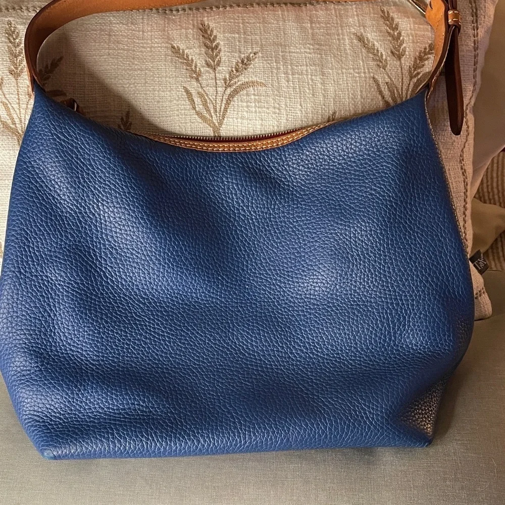 Dooney & Bourke Navy and Tan Hobo Bag Pebbled Quality Leather with tassels